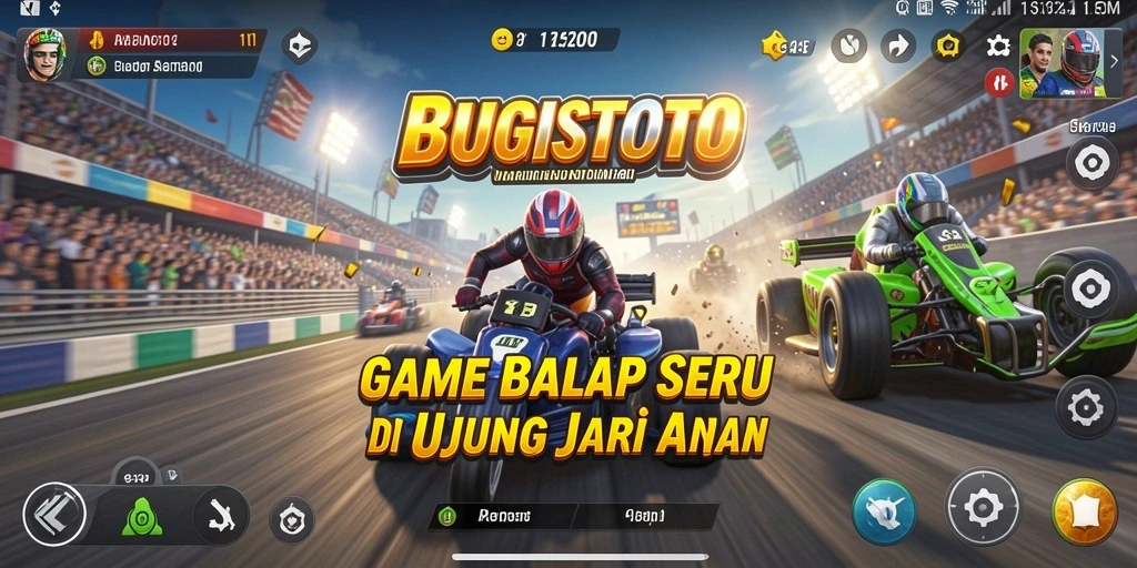 Screenshot gameplay <strong>BUGISTOTO</strong> menampilkan balapan yang mendebarkan di lintasan yang beragam.