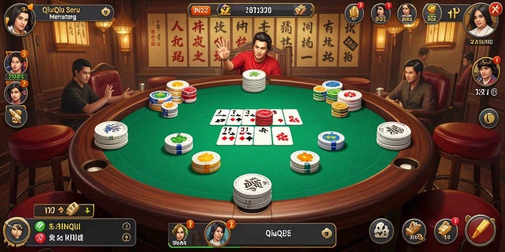 Screenshot menunjukkan pemain bersaing dalam permainan QiuQiu yang seru.