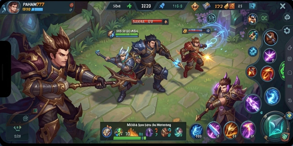 Tampilan gameplay seru dan dinamis di PAHAM777 yang menampilkan aksi pertarungan MOBA.