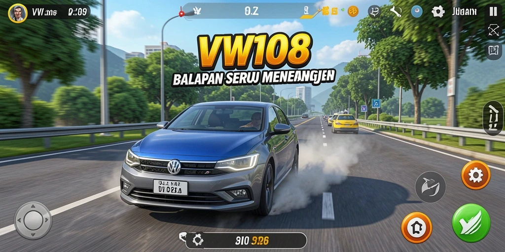 Screenshot gameplay VW108 menampilkan mobil balap di trek menegangkan.
